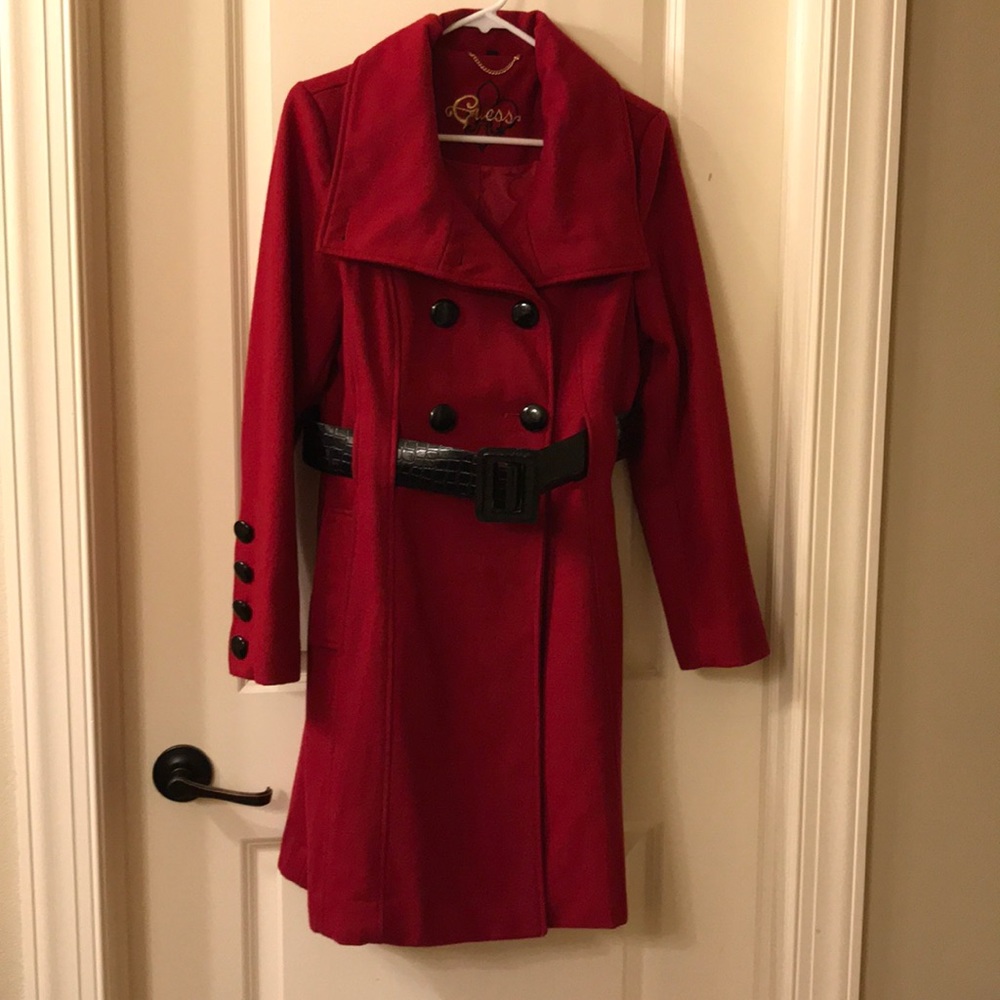 Adorable red Guess belted button up pea coat